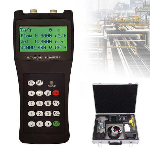 Kickass Boss Level Handheld Ultrasonic Liquid Flow Meter For Seawater And Industrial Sewage With Digital Display showing flow rates.