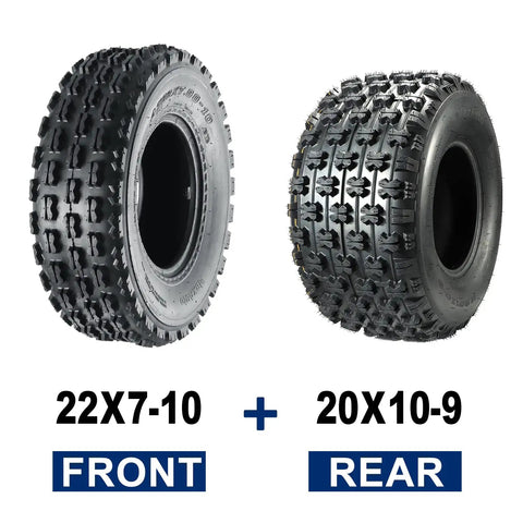Sport ATV and UTV Tire Set with 22x7-10 front, 20x10-9 rear, 4PR deep lug traction for quad rigs, great braking and grip.