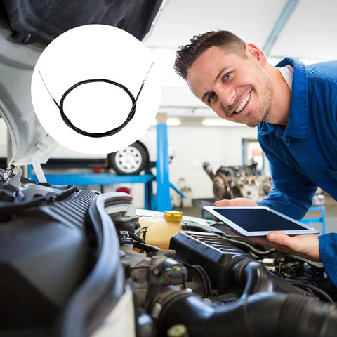 Heavy Duty Throttle Cable Replacement With Sleek Black Casing And Knockout Shaped Tips For Slick Accelerator Response and Rock Solid Control on Any Rig Using Part 786201 shown in an auto repair setting.