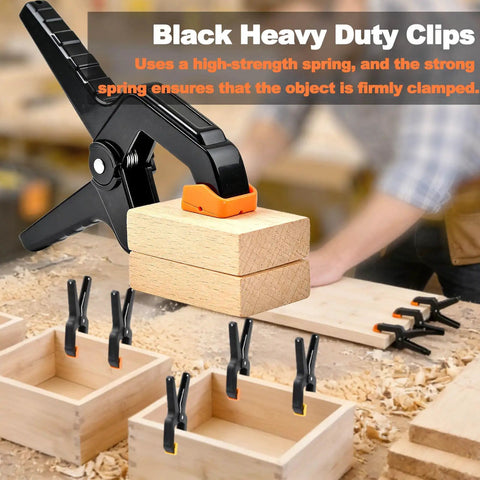 Heavy Duty 3.5 Inch Spring Clamps Pack Of 18 for woodworking shown clamping wooden pieces in a workshop.