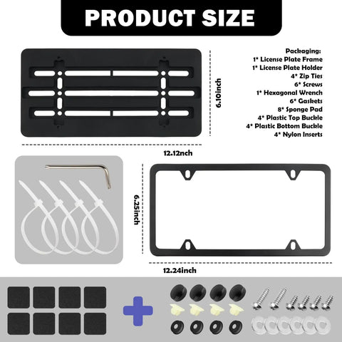 Stainless Steel License Plate Holder No Drill Front Mount Kit Easy Install Universal Car Plates Bracket Set With Screws Wrench And Zip Ties Rust Resistant Durable Frame dimensions and components layout.