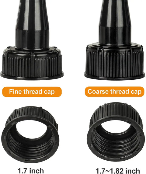 Gas Can Spout Replacement Kit With Flexible Nozzle And Vent Cap Includes Three Spouts, Three Vent Caps, showing fine and coarse thread caps.