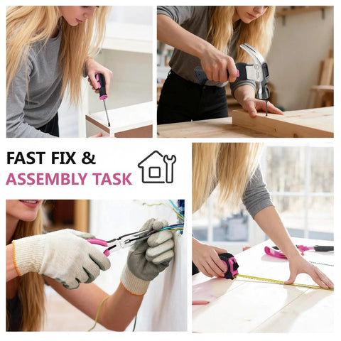 Pink Tool Set For Women With Shoulder Strap 21 Pieces Basic Tool Kit In A Portable Zipper Tool Bag Great For Home Dorm Office DIY Projects And Apartment Repairs being used for various tasks.