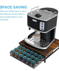 Sturdy Wood And Metal Pod Drawer Organizer For K Cup Pods 36 Capacity Storage With Sliding Baskets Keeps Your Coffee Station Neat And On Point Space Saver For Countertops Black with coffee machine on top