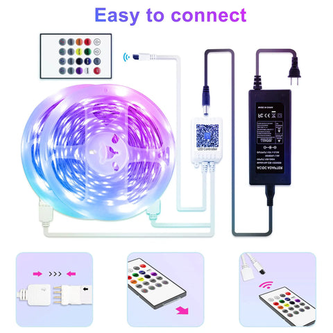 Diagram of Five Volt LED Strip Lights 100 Feet Dope Color Changing With Music Sync Bluetooth Remote Control Built In Microphone App Control For Bedroom Living Room Party ETL Adapter Included and accessories