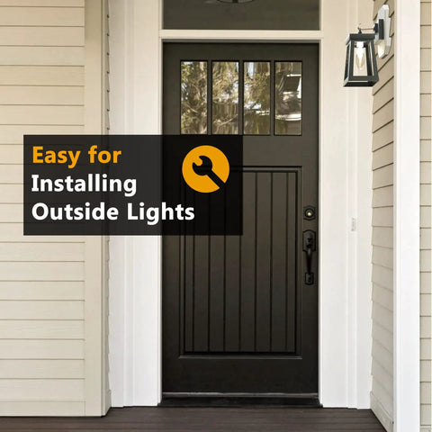 Outdoor Light Mounting Block Kit With Built In Electrical Box For Siding Four Inch By One Half Inch Lap Siding White Textured Paintable Finish DIY Friendly No Fuss Install On Vinyl Siding Durable Weatherproof Light Mount Plate mounted on house siding beside front door