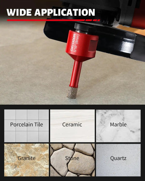 Killer 13 Piece Tile Hole Saw Kit With Vacuum Brazed Diamond Bits drilling into a tile surface, demonstrating wide application for various materials.