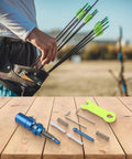 Premium Plunger Button For Recurve Bow Precision Arrow Rest Pressure Screw and tools on wooden table with archer holding arrows.