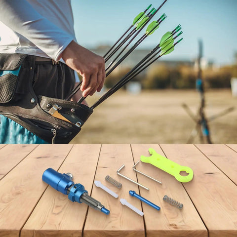 Premium Plunger Button For Recurve Bow Precision Arrow Rest Pressure Screw and tools on wooden table with archer holding arrows.