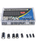 545Pcs Electrolytic Capacitors Assorted Kit With 10V 16V 25V 50V Range Labeled 0.1uF To 1000uF Handy Value Pack In Sturdy Plastic Storage Box Great For DIY Electronics Projects And Repairs on white background with various capacitors displayed in front