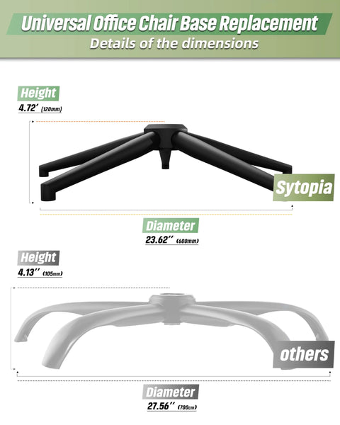 24 Inch Criss Cross Chair Base Replacement showing height and diameter dimensions, matte black reinforced metal leg for office chairs.