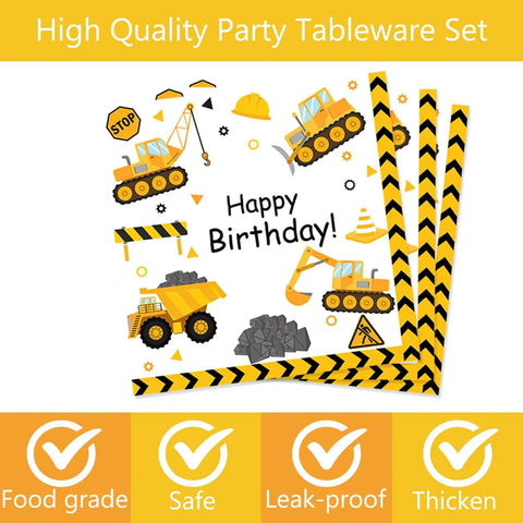 Construction Themed 1st Birthday Party Decor Dump Truck Dinnerware Set napkins with trucks and digger design for kids party.