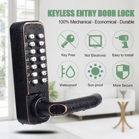 Mechanical Combination Door Lock With Keypad No Batteries No Wiring 100 Percent Mechanical Keyless Access Dual Tone Black And Gold Finish Durable Lock For Easy Home Or Office Security