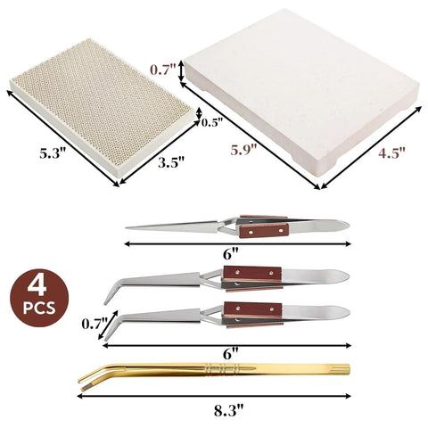 Six Piece Jewelry Soldering Kit With Ceramic Honeycomb Boards Copper Tong Solder Plate And Three Lock Tweezers shown with dimensions.