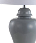 Close-up of gray ceramic urn base with white linen shade from 27 Inch Gray Ceramic Urn Table Lamps Set Of 2 With White Linen Shade For Living Room And Bedroom, LED Bulbs Included, Dope Farmhouse Style Bedside Lights, ETL Listed For Safety.