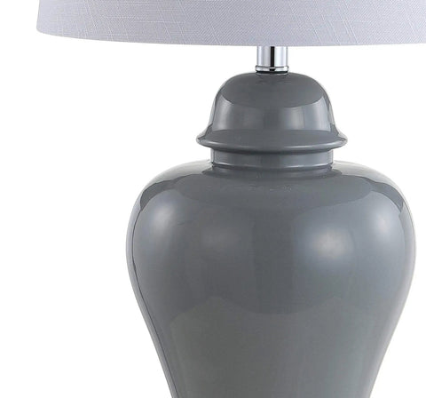 Close-up of gray ceramic urn base with white linen shade from 27 Inch Gray Ceramic Urn Table Lamps Set Of 2 With White Linen Shade For Living Room And Bedroom, LED Bulbs Included, Dope Farmhouse Style Bedside Lights, ETL Listed For Safety.
