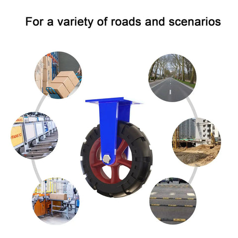 Set Of 2 Heavy Duty Solid Rubber Wheels With Puncture Proof Coating And 360 Degree Swivel For Toolboxes and Gear Haulers, showcasing robust wheel design.