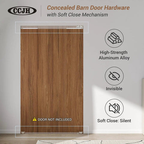 Trackless Concealed Sliding Barn Door Hardware With Dead Silent Soft Close Aluminum Hidden Track For Interior Wood Doors, 48 inch kit.