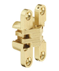Concealed Hinge For 13 To 16 Mm Wood Thickness, 180 Degree Invisible Hinge By Soss, Satin Brass Plated, SOSS 101, shown in close-up