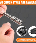 Heavy Duty Forstner Bit Extension For 3/8 Inch Round Shank built rock solid with carbon steel, showing chuck compatibility with drill.