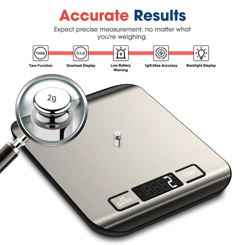High Accuracy Digital Kitchen Scale For Baking And Cooking, 22 Lb Capacity, 1 Gram Increments, 6 Unit Conversions G Kg Lb Oz Ml Milk Ml