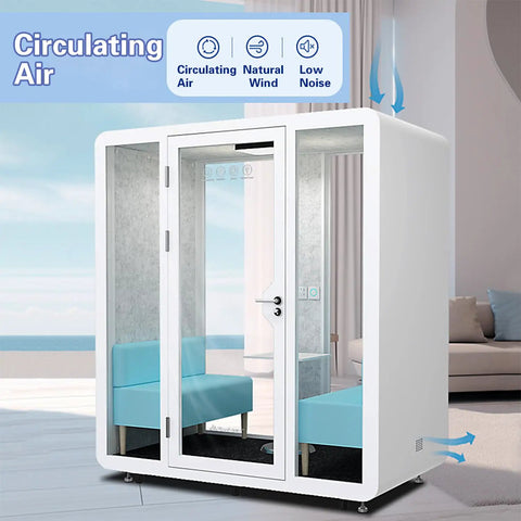Mobile Soundproof Office Booth With Smooth Roll Wheels And Chill Quiet Nook For Two To Four Folks Featuring Bright LED Lights And Fresh Air Flow For Crisp Professional Video Calls With Heavy Duty Modular Frame, blue seating and glass doors.