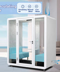 Smooth Rolling Soundproof Office Pod, Portable Phone Booth with LED lighting, featuring two blue seats and transparent doors.