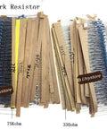 Assorted resistors labeled 75kohm and 330ohm from Resistor Kit With 2425 Pieces From 1 Ohm To 1M Ohm, Metal Film, 97 Values, 5 Percent Tolerance.