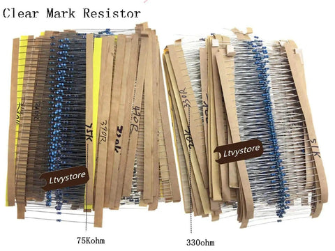 Assorted resistors labeled 75kohm and 330ohm from Resistor Kit With 2425 Pieces From 1 Ohm To 1M Ohm, Metal Film, 97 Values, 5 Percent Tolerance.