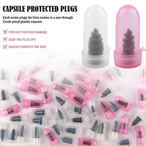 Rubber plugs in clear and pink capsules from 60 Piece Tire Plug Kit With Pliers And Screwdrivers For Emergency Puncture Repair