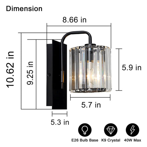 Black Crystal Wall Sconce Light Sleek Modern Indoor Wall Lighting For Living Room Hallway Bedroom Bathroom Stairway 10 Inch Single Sconce With Crystal Sparkle And Sturdy Metal Base with dimensions