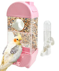No Fuss Automatic Bird Feeder With Spill Proof Bottom Tray Keeps Your Cage Fresh While Dishing Out Crisp Seeds And Clean Water For Parrots Finches Budgies Canaries sleek pink gravity feeder with seed and water for small birds.