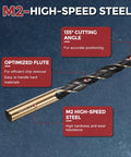 Side view of Kozelo drill bit, 12.5mm diameter, M2 high-speed steel, black and gold twist with 135° cutting angle