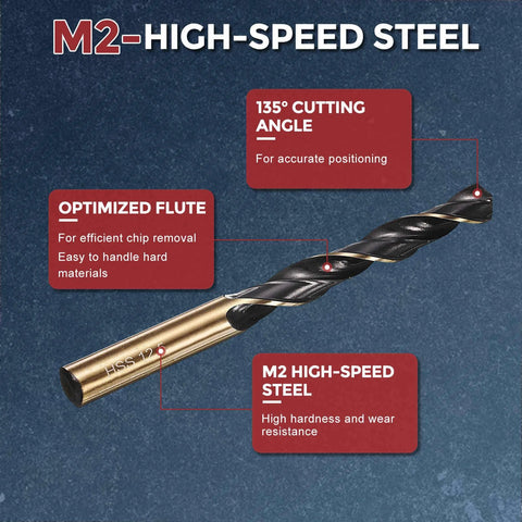 Side view of Kozelo drill bit, 12.5mm diameter, M2 high-speed steel, black and gold twist with 135° cutting angle
