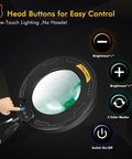 Ultra Long Swing Arm Desk Magnifier With Light 12X For Close Detail Work showing head control buttons and lens