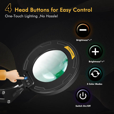Ultra Long Swing Arm Desk Magnifier With Light 12X For Close Detail Work showing head control buttons and lens