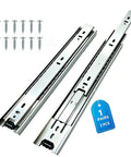 Slick Side Mount Drawer Slides Three Section Full Extension Cabinet Rails Beefy Alloy Steel Build Quick Release Ball Bearing One Pair Twenty Two Inch Heavy Duty with screws.