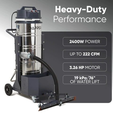 Heavy Duty Industrial Wet Dry Vacuum With Dual Motors 3.3 HP Delivers 222 CFM And 76 Inch Water Lift 27 Inch Squeegee 120V 20A Plug 2 Year Warranty Ideal For Construction Sites Warehouses And Tough Cleanup, stainless steel tank