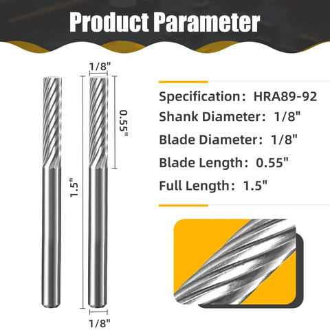 Pro Grade Tungsten Carbide Cutter For Die Grinder Kit High Performance Rotary Carving Bit 1 Eighth Inch Shank Metal Wood Ceramic Copper Tube Cutting Durable Grinding Tool 2 Pieces showing size specifications and close-up view