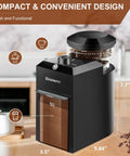 KIRAINAFLY Electric Burr Coffee Grinder with Adjustable Settings, sleek black design, measuring 9.84 inches tall.