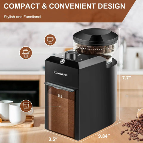 KIRAINAFLY Electric Burr Coffee Grinder with Adjustable Settings, sleek black design, measuring 9.84 inches tall.