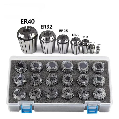 Snag This Pro Grade Spring Collet Set With Tight Tolerances For Precision CNC Work, ER11 to ER40, alloy steel, in plastic storage case.