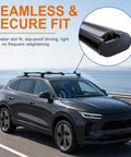 Black SUV with roof rack crossbars demonstrating seamless fit, showcasing the Stop That Highway Howl With Universal Roof Rack Crossbar Rubber Strip Insert That Slashes Wind Drag Quiets Cabin Hiss For Rv Camper Tops Preserves Smooth Cruise Vibes All Trip Long.
