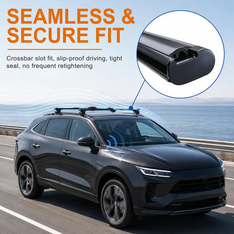 Black SUV with roof rack crossbars demonstrating seamless fit, showcasing the Stop That Highway Howl With Universal Roof Rack Crossbar Rubber Strip Insert That Slashes Wind Drag Quiets Cabin Hiss For Rv Camper Tops Preserves Smooth Cruise Vibes All Trip Long.