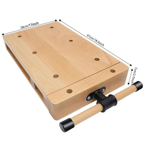 Top Shelf Beech Wood Workbench Vise With Quick Release And Lockdown Grip Includes Four Rugged Bench Dogs And Two Heavy Duty Clamps, 28cm x 47cm dimensions.