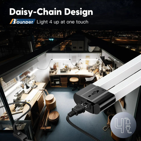 4 Pack Linkable LED Shop Lights For Garage, 4400 Lumens, 6500K Cool Daylight, 40W, showing daisy-chain design and installation in workspace.