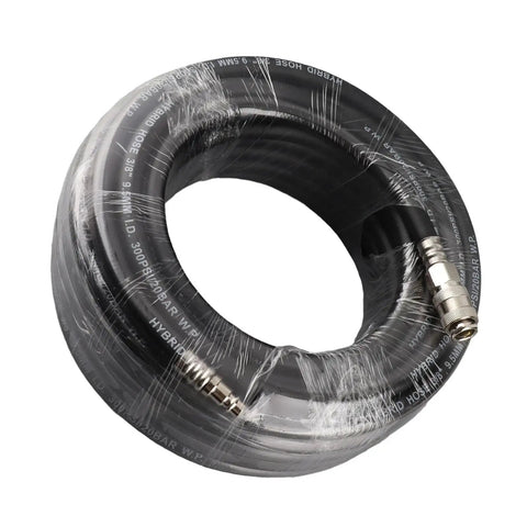 Built Tough Rubber Air Hose With All Season Flex And Straight Shooting Pneumatic Air Compressor Tubing coiled, 3/8 inch size, wrapped for protection.