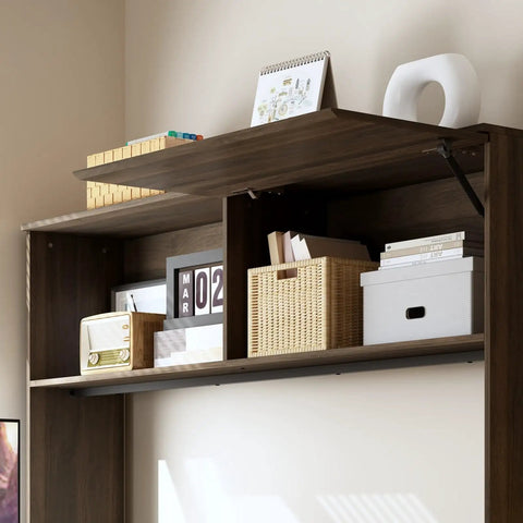 Cool L Shaped Electric Standing Desk In Dark Walnut With Smart Hutch And Built In Storage For Home Office, showcasing hutch with storage baskets and decor.