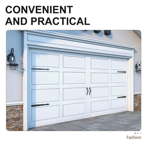 Old School Steel Door Hardware Kit with carriage house hinges and handles on white garage door, exterior view.