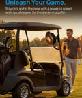 8 Inch Magnetic Golf Cart Fan With Heavy Duty Strap And 12000mAh Battery attached to golf cart with golfer nearby